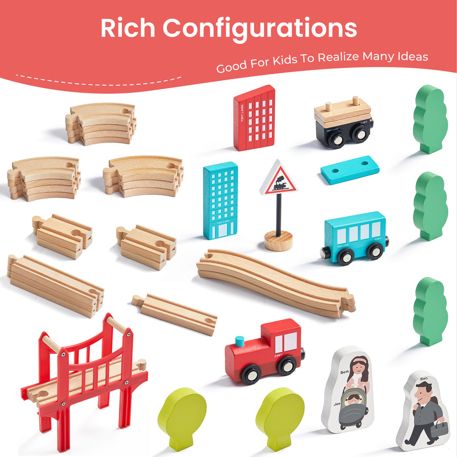 The Tiny Land® Wooden Train Set for Children (39 pcs) by Tiny Land features curved and straight tracks, a red bridge, trees, buildings, vehicles, people, and traffic signs arranged on a white background with “Rich Configurations” text.|39 Pcs