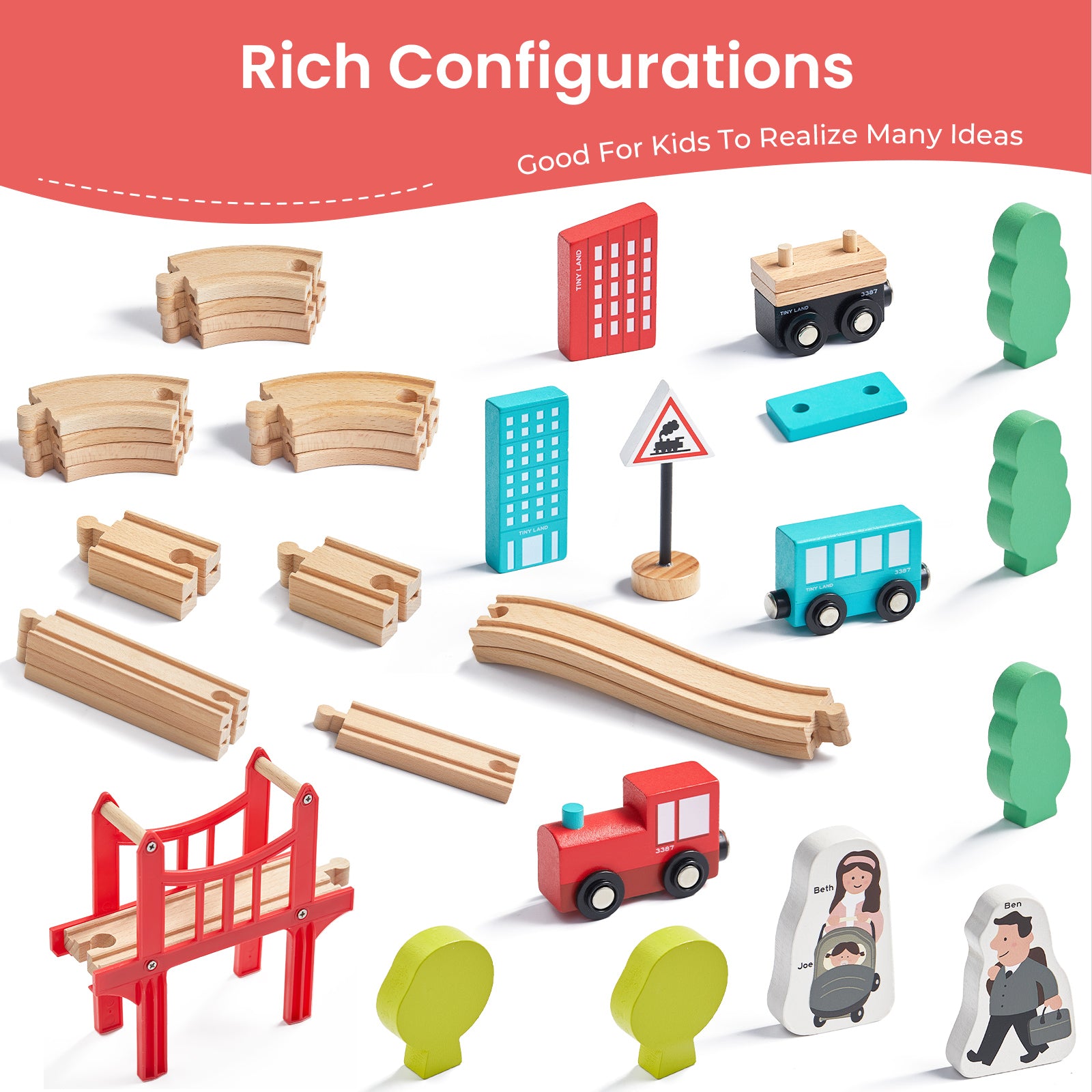 The Tiny Land® Wooden Train Set for Children (39 pcs) by Tiny Land features curved and straight tracks, a red bridge, trees, buildings, vehicles, people, and traffic signs arranged on a white background with “Rich Configurations” text.
