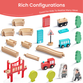 The Tiny Land® Wooden Train Set for Children (39 pcs) by Tiny Land features curved and straight tracks, a red bridge, trees, buildings, vehicles, people, and traffic signs arranged on a white background with “Rich Configurations” text.