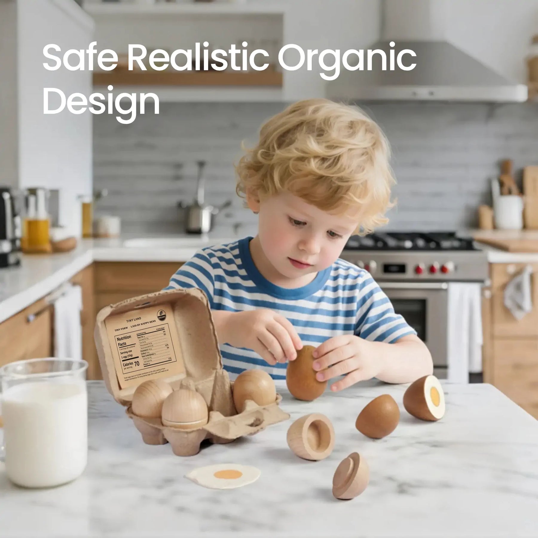 A young child in a striped shirt plays with the Tiny Land® Egg Combo Playset by Tiny Land at a kitchen counter, featuring wooden toy eggs, a carton, half eggs, and a glass of milk. Text: Safe Realistic Organic Design for your play kitchen.