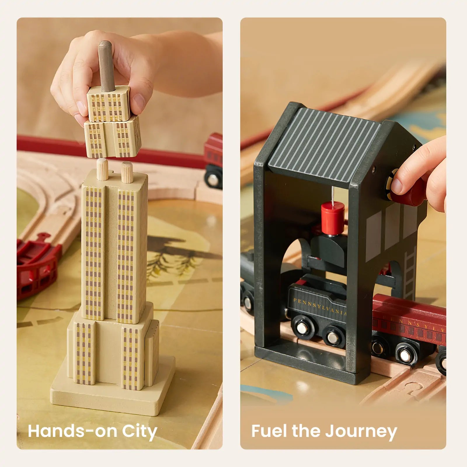 A child plays with the Tiny Land® 1920 Railway Adventure Train Table by Tiny Land INC, stacking blocks and guiding a toy train through a city. Text says “Hands-on City” and “Fuel the Journey.” Inspired by classic 1920s train set fun.