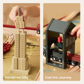 A child plays with the Tiny Land® 1920 Railway Adventure Train Table by Tiny Land INC, stacking blocks and guiding a toy train through a city. Text says “Hands-on City” and “Fuel the Journey.” Inspired by classic 1920s train set fun.