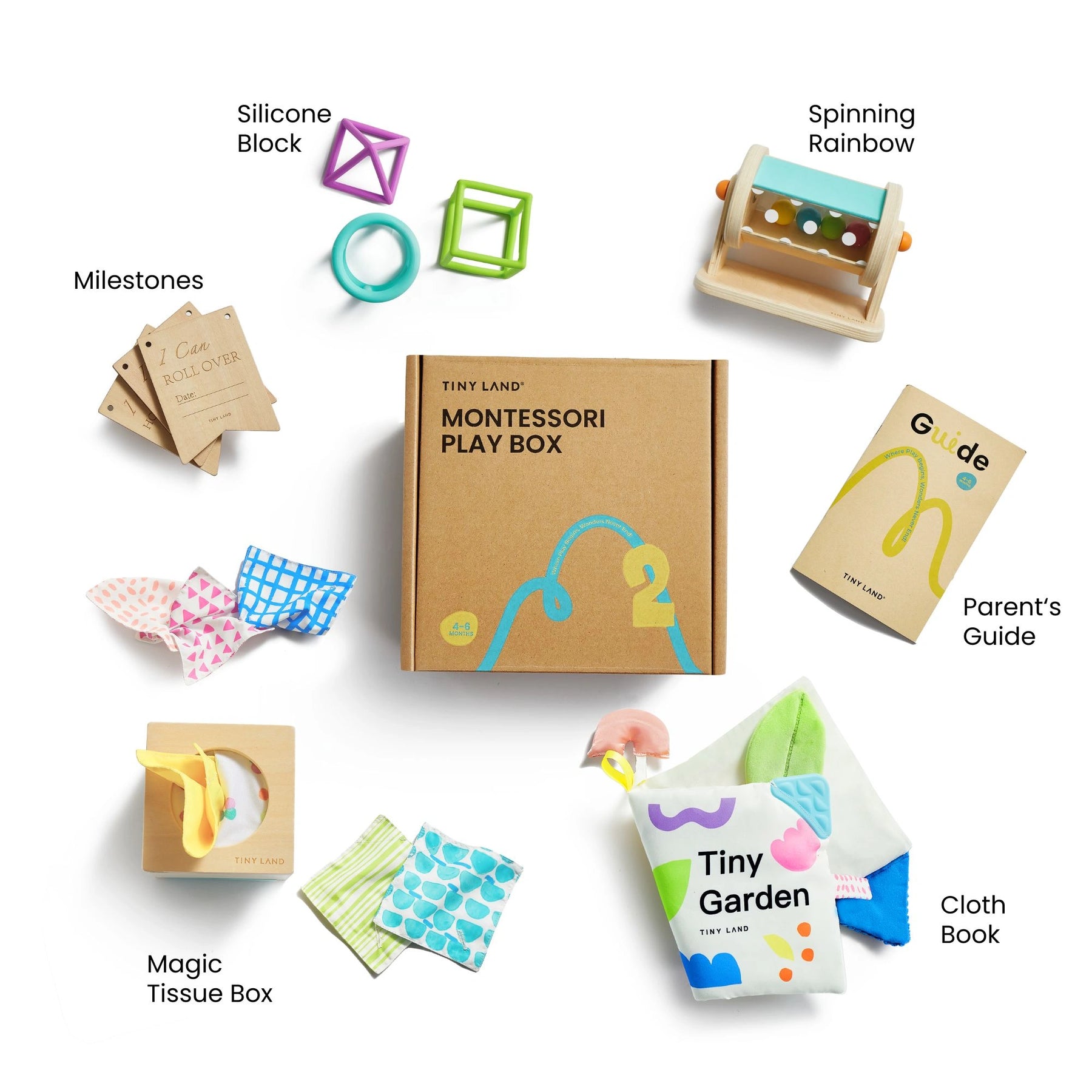 The Tiny Land® Montessori Complete Baby Set (0-24 Months) by Tiny Land features a central box with a silicone block, spinning rainbow toy, milestone cards, guide, cloth book, and fabric tissue box for sensory play and motor skill development.