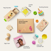 The Tiny Land® Montessori Early Skills Baby Set (7–12 months) by Tiny Land features labeled Montessori toys—peg drop box, crinkle bag, rocking stacker, egg cups, emotions board book, grip canister set, and guide—all in a Montessori Play Box for fine-motor development.