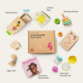 The Tiny Land® Montessori Early Skills Baby Set (7–12 months) by Tiny Land features labeled Montessori toys—peg drop box, crinkle bag, rocking stacker, egg cups, emotions board book, grip canister set, and guide—all in a Montessori Play Box for fine-motor development.