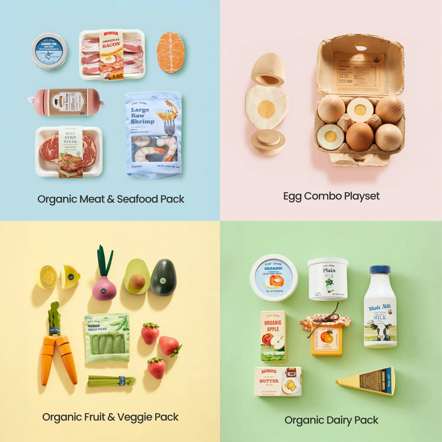 Featuring the Tiny Land® Organic Play Food Collection by Tiny Land Play Food, this set includes four packs displayed on pastel backgrounds: meat & seafood, eggs in a carton, fruit & vegetables, and dairy with cheese, milk, yogurt, and butter. Each pack contains neatly arranged play food toys labeled at the bottom—perfect for inspiring healthy eating habits through imaginative kitchen play.