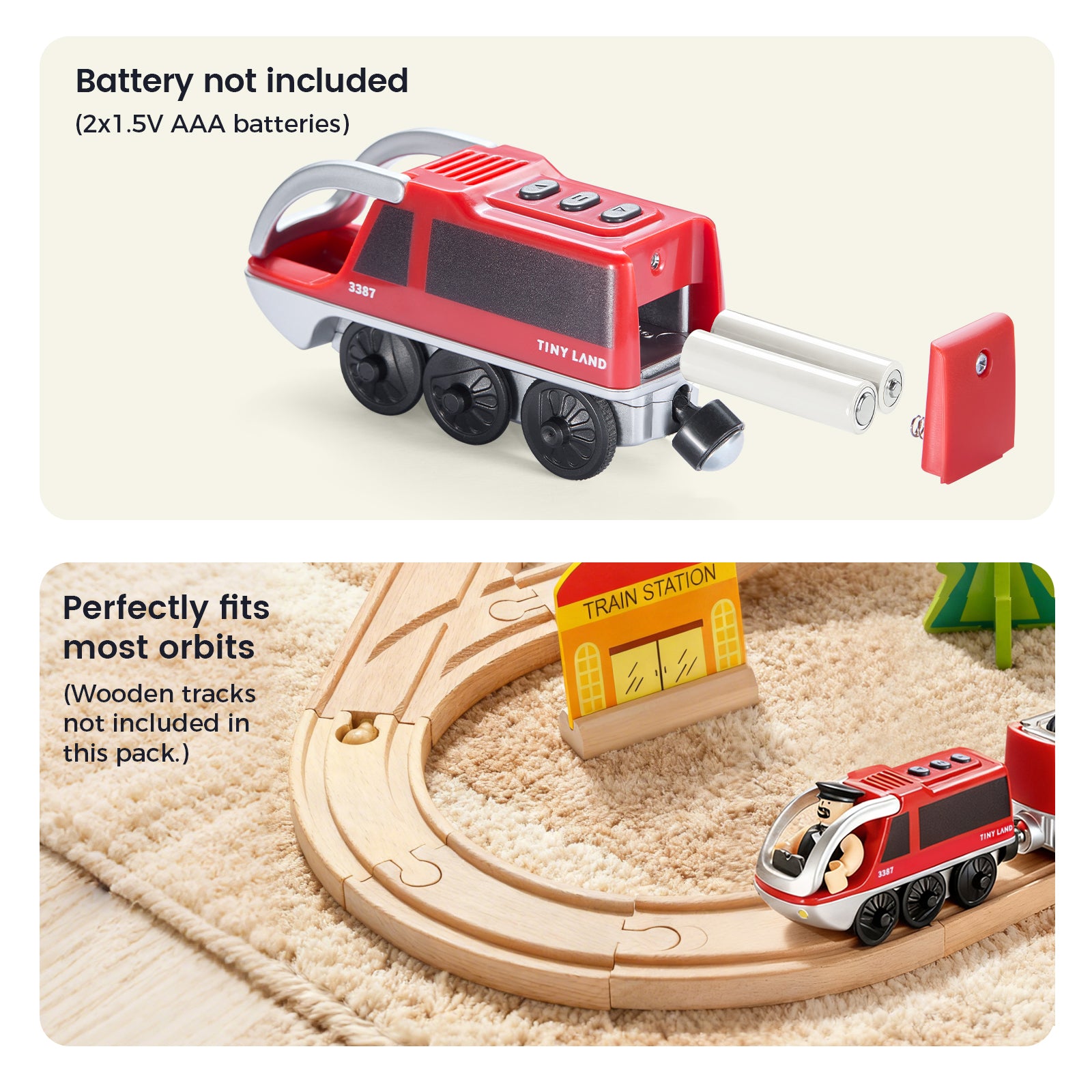 The Tiny Land® Dual-Color Electric Toy Train by Tiny Land is shown with its battery compartment open and a battery beside it; the train runs on a curved wooden track near a yellow Train Station sign. Batteries and wooden tracks are not included.|Red