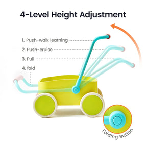 Diagram showing four height adjustments for the Tiny Land® 3-in-1 Wooden Baby Walker Wagon - Pink & Spring Color, with a detail view of the folding button and integrated wooden storage box.|Spring Color