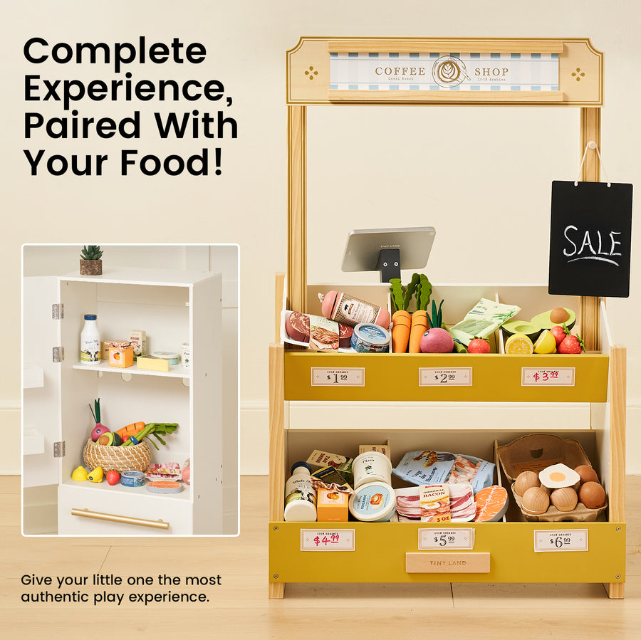 Sure! Here’s a rewritten version using your product data: Tiny Land Play Food Coffee Shop and Market Stand includes the Tiny Land® Organic Play Food Collection with toy fruits, vegetables, cash register, sale sign, price tags, and display shelves. Promotes imaginative play with complete and authentic food experiences for children. Text: Complete Experience, Paired With Your Food!.