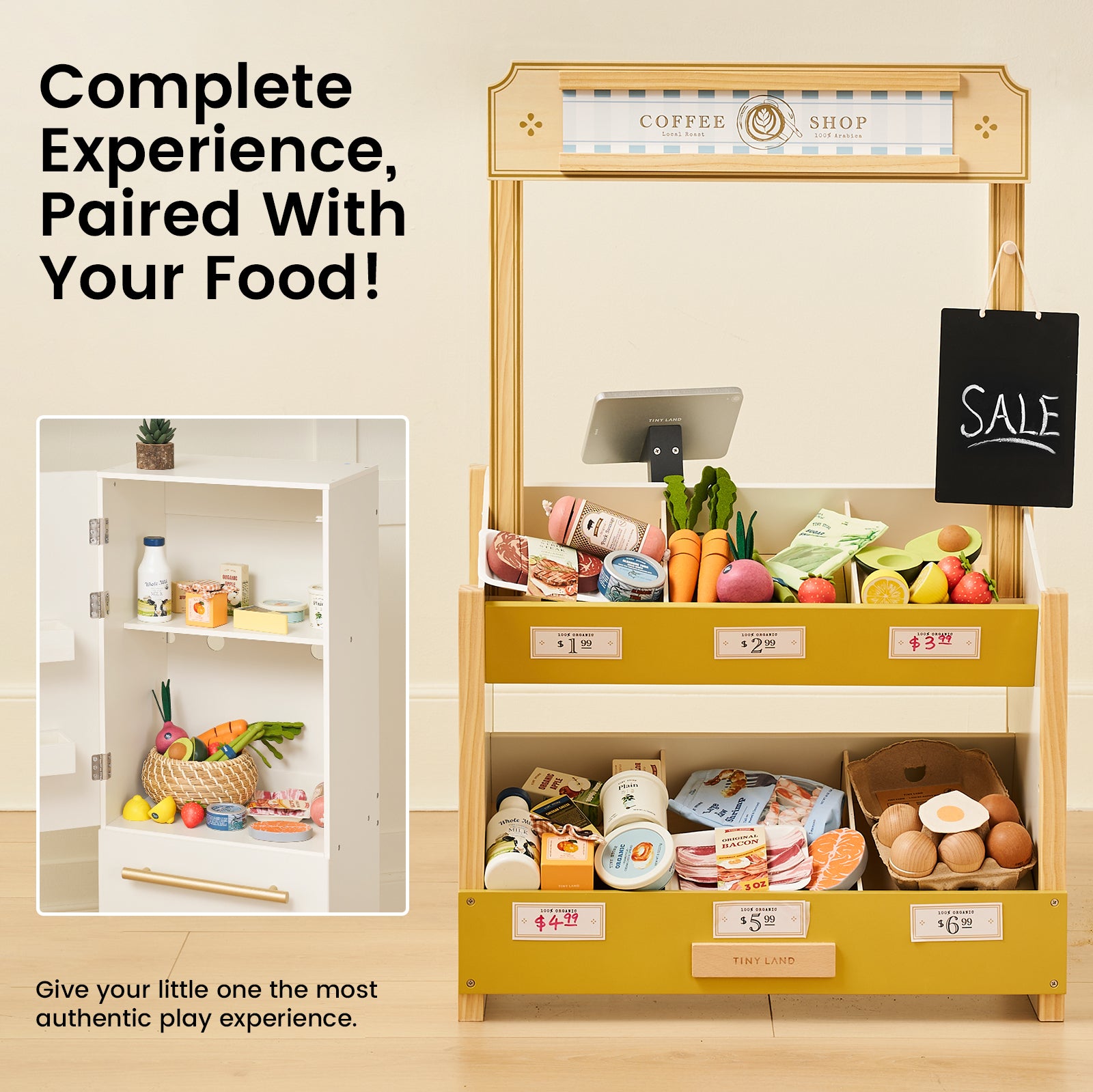Sure! Here’s a rewritten version using your product data: Tiny Land Play Food Coffee Shop and Market Stand includes the Tiny Land® Organic Play Food Collection with toy fruits, vegetables, cash register, sale sign, price tags, and display shelves. Promotes imaginative play with complete and authentic food experiences for children. Text: Complete Experience, Paired With Your Food!.
