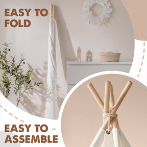 A white fabric Tiny Land® Teepee Tent stands folded against a wall, with an inset showing the wooden poles at the top; text reads EASY TO FOLD and EASY TO ASSEMBLE, making it a perfect addition to any play corner.