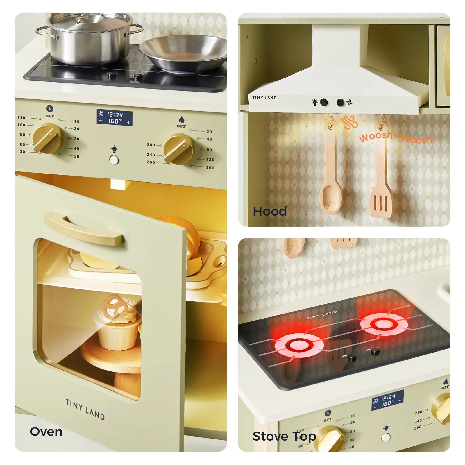 Collage of the Tiny Land® PopJoy Play Kitchen - Green featuring a stove top with glowing burners, oven with wooden rack and dishes, range hood with hanging utensils, and labeled sections for oven, hood, and stove top.