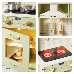 Collage of the Tiny Land® PopJoy Play Kitchen - Green featuring a stove top with glowing burners, oven with wooden rack and dishes, range hood with hanging utensils, and labeled sections for oven, hood, and stove top.