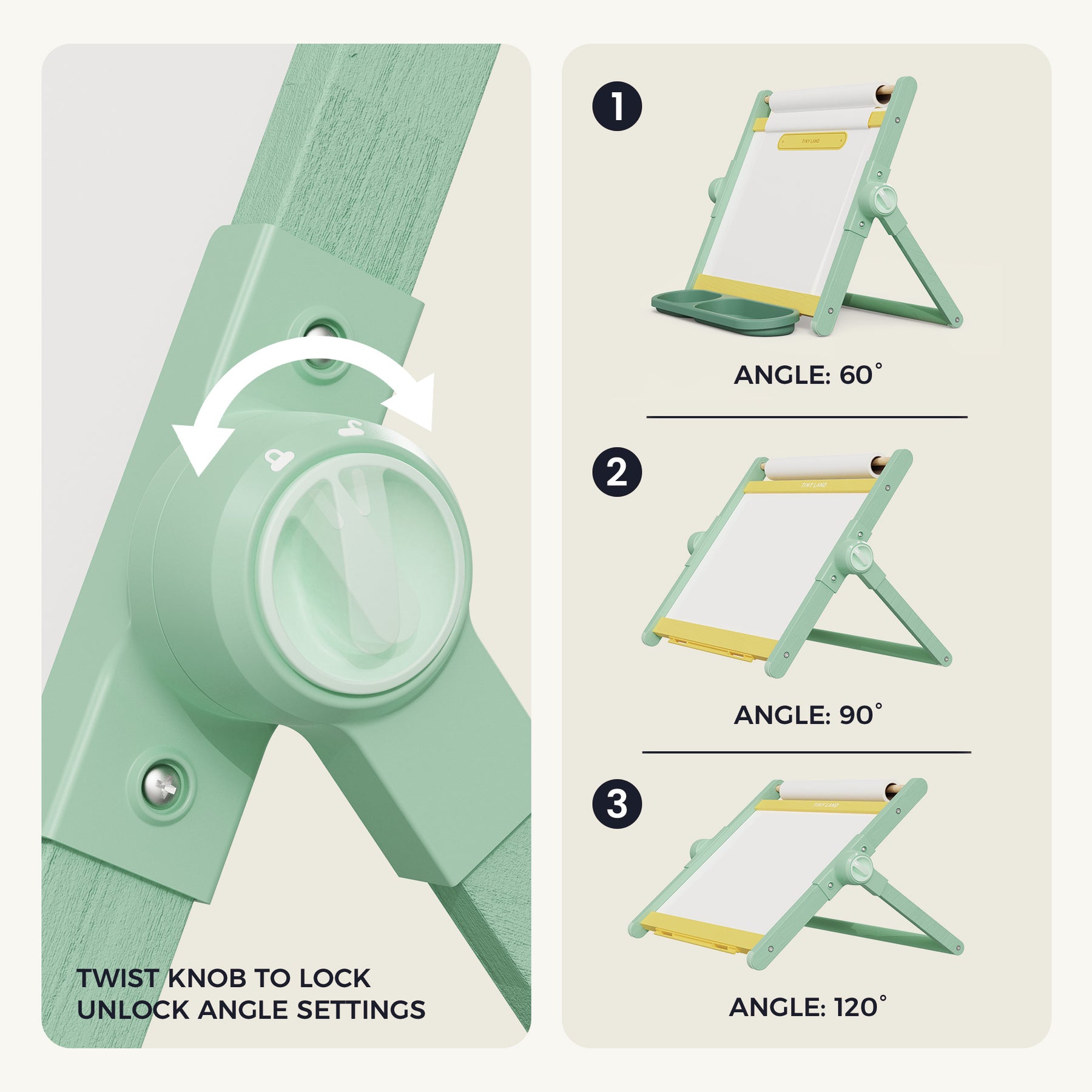 Instructional graphic of the Tiny Land® Double-Sided Magnetic Tabletop Easel in green, featuring a twist knob for locking angles at 60°, 90°, or 120°. Ideal as a kids art board or magnetic tabletop easel by Tiny Land.