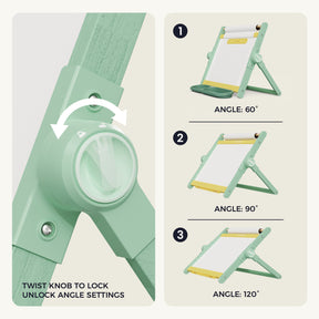 Instructional graphic of the Tiny Land® Double-Sided Magnetic Tabletop Easel in green, featuring a twist knob for locking angles at 60°, 90°, or 120°. Ideal as a kids art board or magnetic tabletop easel by Tiny Land.