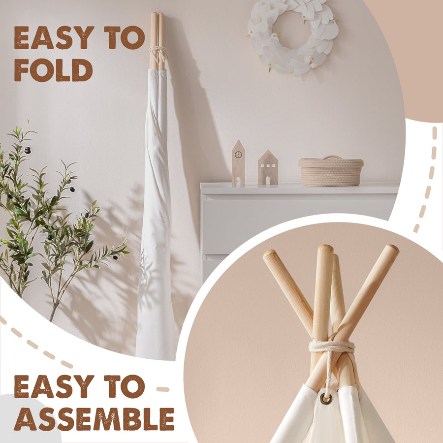 The Tiny Land® Teepee Tent for Kids with Mat stands against a light wall by a plant. Inset highlights sturdy assembled wooden poles. Text: EASY TO FOLD & ASSEMBLE—ideal indoor play tent from Tiny Land.