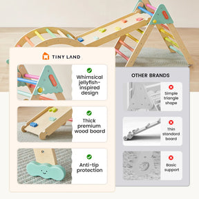 Comparison between Tiny Land and other brands of wooden climbing toys: Tiny Land® 7-in-1 Rainbow Pikler Triangle Set offers a vibrant, jellyfish-inspired design, thick wood boards, reversible ramp, and anti-tip protection—features often missing in other brands.