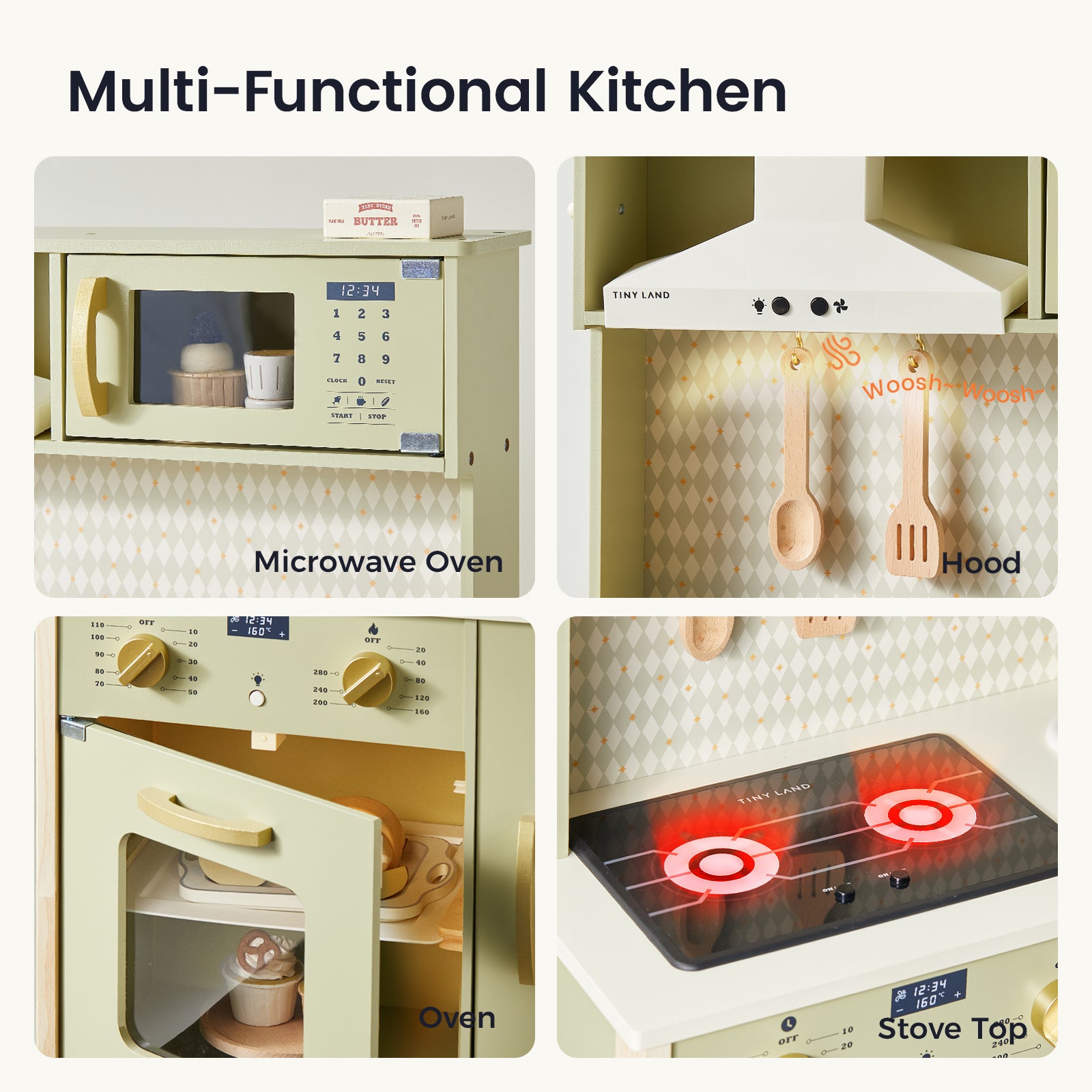 Experience four labeled sections of the Tiny Land® PopJoy Play Kitchen - Pink / Green by Tiny Land: a microwave oven with play food, a hood featuring hanging utensils, an oven with an open door, and a stove top with two glowing red burners. Perfect for pretend play, the text reads “Multi-Functional Kitchen.”.|Sage