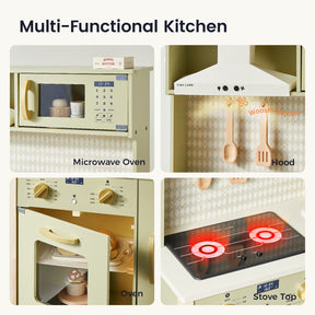 Experience four labeled sections of the Tiny Land® PopJoy Play Kitchen - Pink / Green by Tiny Land: a microwave oven with play food, a hood featuring hanging utensils, an oven with an open door, and a stove top with two glowing red burners. Perfect for pretend play, the text reads “Multi-Functional Kitchen.”.|Sage