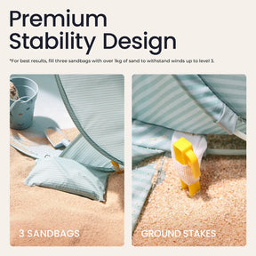 Close-up of the Tiny Land® One-Stop Beach Toy & Tent Set – Sea Blue on sand, showing a sandbag and yellow ground stake for stability. Text highlights Premium Stability Design, UV-protective shade, and setup instructions above images.