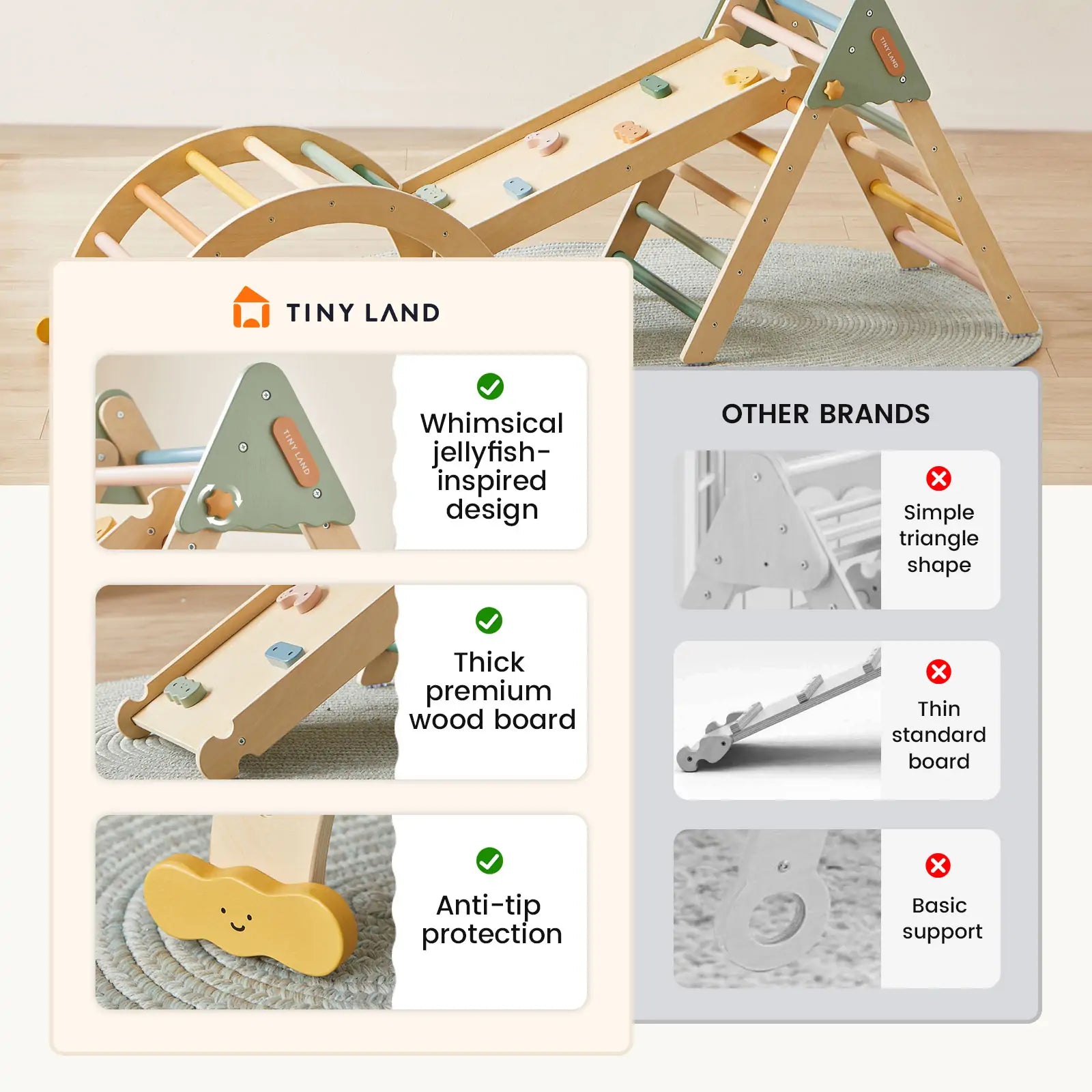 Side-by-side image comparing Tiny Land® 7-in-1 Morandi Pikler Triangle Set's playful design, sturdy thick wood, reversible ramp, and anti-tip features to a competitor’s plain, thinner, less stable Pikler Triangle.