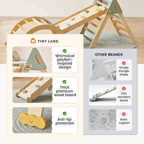Side-by-side image comparing Tiny Land® 7-in-1 Morandi Pikler Triangle Set's playful design, sturdy thick wood, reversible ramp, and anti-tip features to a competitor’s plain, thinner, less stable Pikler Triangle.