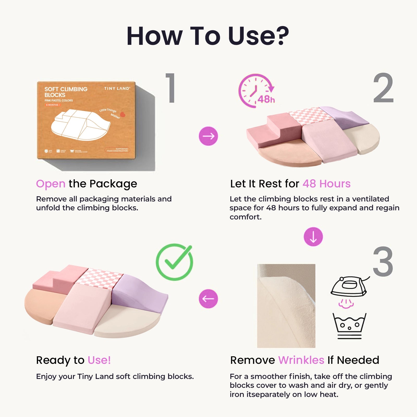 How to use Tiny Land® PlayNest Climbing Blocks: 1. Open the package and unfold blocks. 2. Let them rest for 48 hours to regain shape. 3. Use as toddler climbing toys. 4. Remove wrinkles with an iron or steamer if needed.