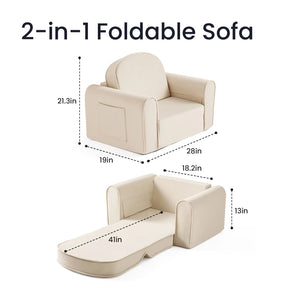 The Tiny Land® GentleSnug Kid Chair by Tiny Land is pictured upright and unfolded, displaying precise measurements for its use as both a chair and a bed. Featuring high-density foam construction, this foldable kids chair provides comfort and versatility for any space.|Beige