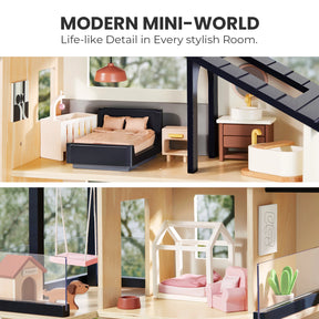 Interior view of a Tiny Land® Sweetwood Edge Dollhouse & Wooden Dollhouse Garage featuring a bedroom and bathroom on the top level, and a puppy house, swing, and living area on the bottom level.