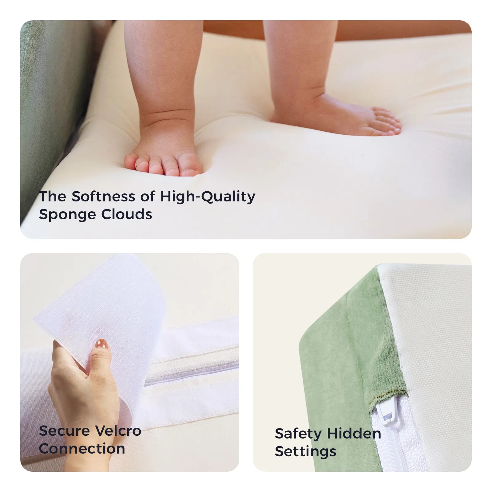 A baby stands barefoot on a soft white cushion from the Tiny Land® PlayNest Climbing Blocks by Tiny Land. Below, a hand demonstrates secure Velcro fastening near a zipper, and a green block corner highlights a concealed zipper for added safety—thoughtful features designed to support gross motor development as your little one explores.