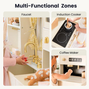 Three images display: a child using the gold faucet, another stirring a pot on the induction cooker, and a third pressing buttons on the coffee maker. The text reads: Multi-Functional Zones—Faucet, Induction Cooker, Coffee Maker—all carefully crafted as part of the Tiny Land® Iconic Wooden Play Kitchen – Cream Pretend Cooking Set for Kids by Tiny Land to spark imaginative play.