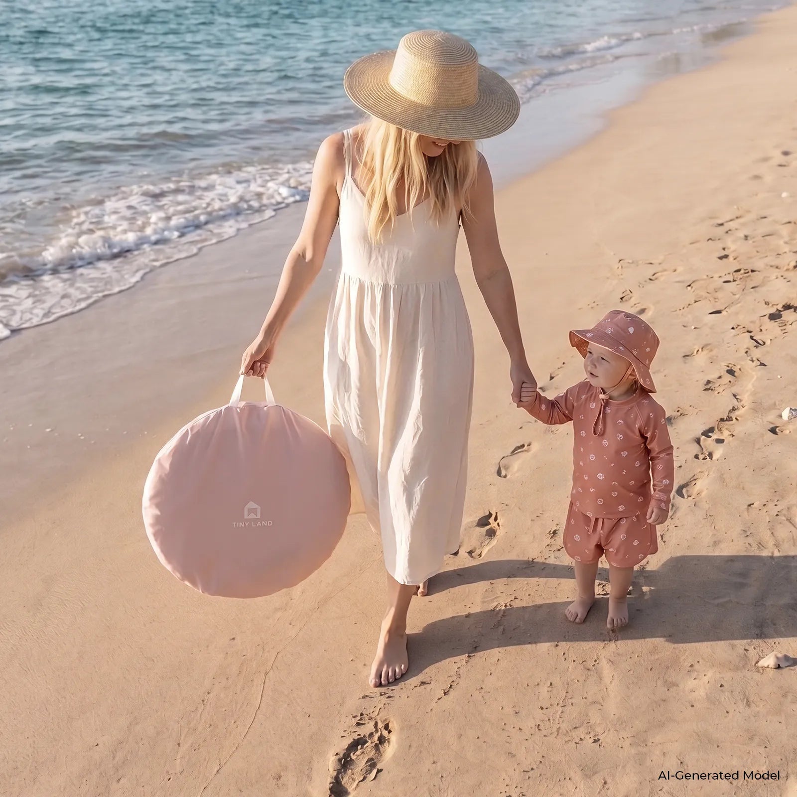 A woman in a white dress and sun hat walks barefoot on the beach, holding hands with a small child in pink. Nearby, their Tiny Land® 4-in-1 Baby Beach Tent & Sand Toy Set by Tiny Land awaits them as gentle waves lap the shore.|Pink