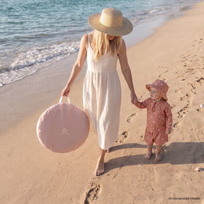A woman in a white dress and sun hat walks barefoot on the beach, holding hands with a small child in pink. Nearby, their Tiny Land® 4-in-1 Baby Beach Tent & Sand Toy Set by Tiny Land awaits them as gentle waves lap the shore.|Pink