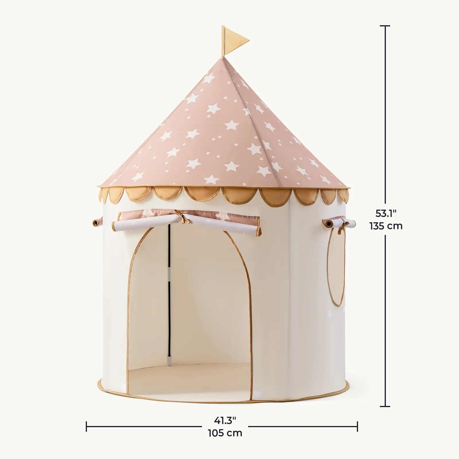 The Tiny Land® Cheerful Pennant Castle Tent by Tiny Land is a cream and pink kids’ playhouse with a starry pointed roof, golden scalloped trim, and flag, measuring 53.1" tall and 41.3" wide—perfect for indoor fun.