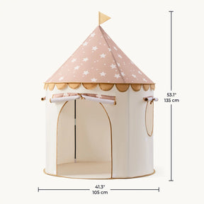 The Tiny Land® Cheerful Pennant Castle Tent by Tiny Land is a cream and pink kids’ playhouse with a starry pointed roof, golden scalloped trim, and flag, measuring 53.1" tall and 41.3" wide—perfect for indoor fun.