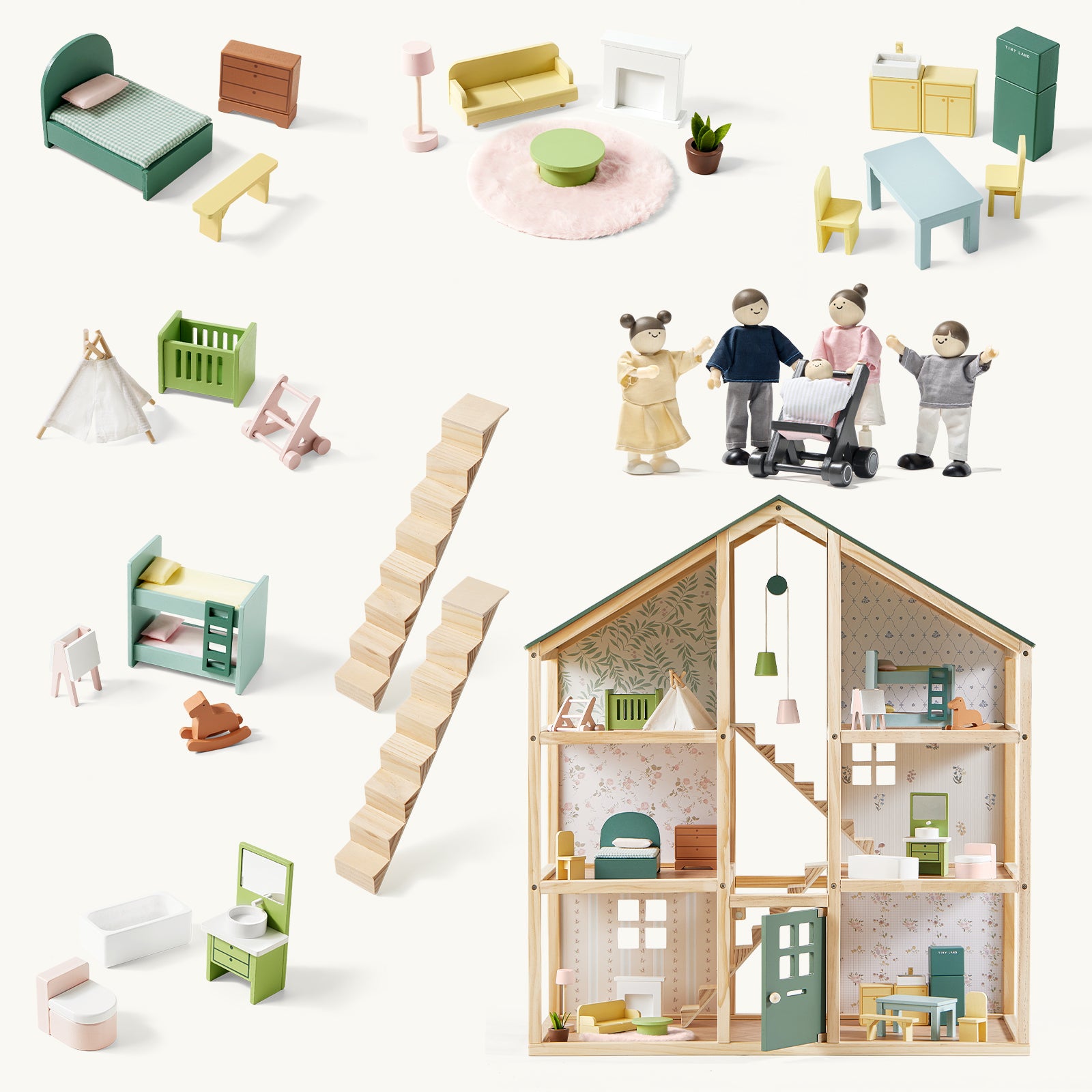 The Tiny Land® Sweetwood Evergreen Dollhouse & Wooden Dollhouse Dolls by Tiny Land INC is a wooden house with four rooms, stairs, mini furniture, extra toys like a crib, bunk beds, a teepee, and includes the charming Wooden Doll Family.