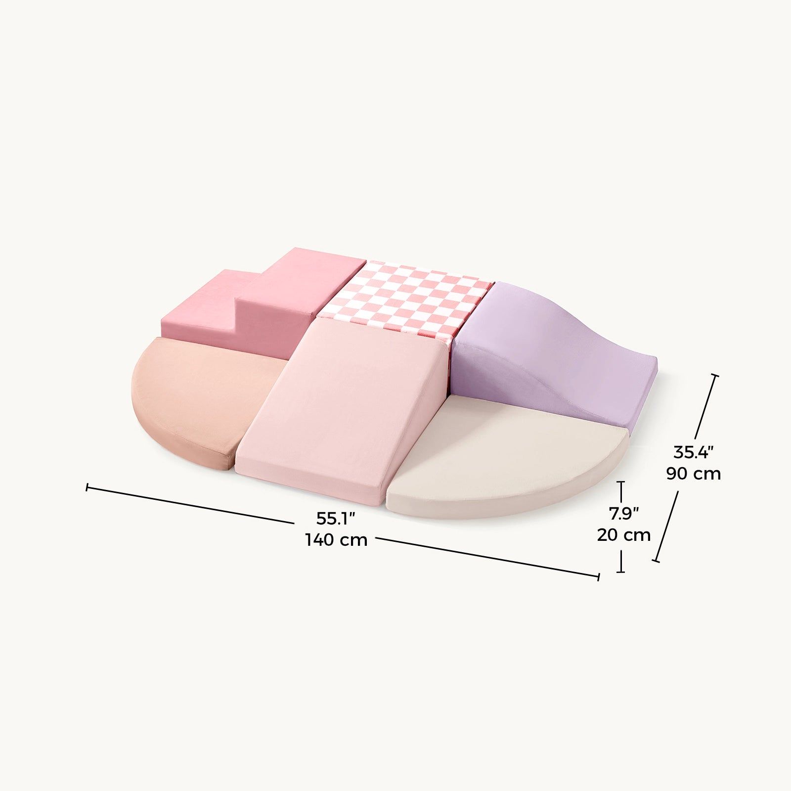 The Tiny Land® PlayNest Climbing Blocks by Tiny Land is a set of six pastel foam blocks with assorted shapes and textures on a mat, ideal for soft play. Dimensions: 140 cm x 90 cm x 20 cm (55.1 x 35.4 x 7.9).