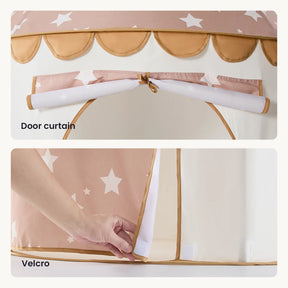 Close-up of the Tiny Land® Cheerful Pennant Castle Tent: The upper photo displays a rolled-up door curtain tied at the center, while below, a hand opens a Velcro-secured flap on this charming Tiny Land kids' playhouse.