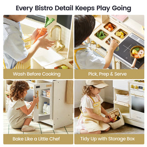 Four children engage in imaginative play with the Tiny Land® BistroSwitch Kitchen & Fridge Set, washing vegetables, preparing and serving food, using the oven, and tidying up with a storage box—each activity displayed in its own labeled panel of this interactive toy kitchen from Tiny Land.