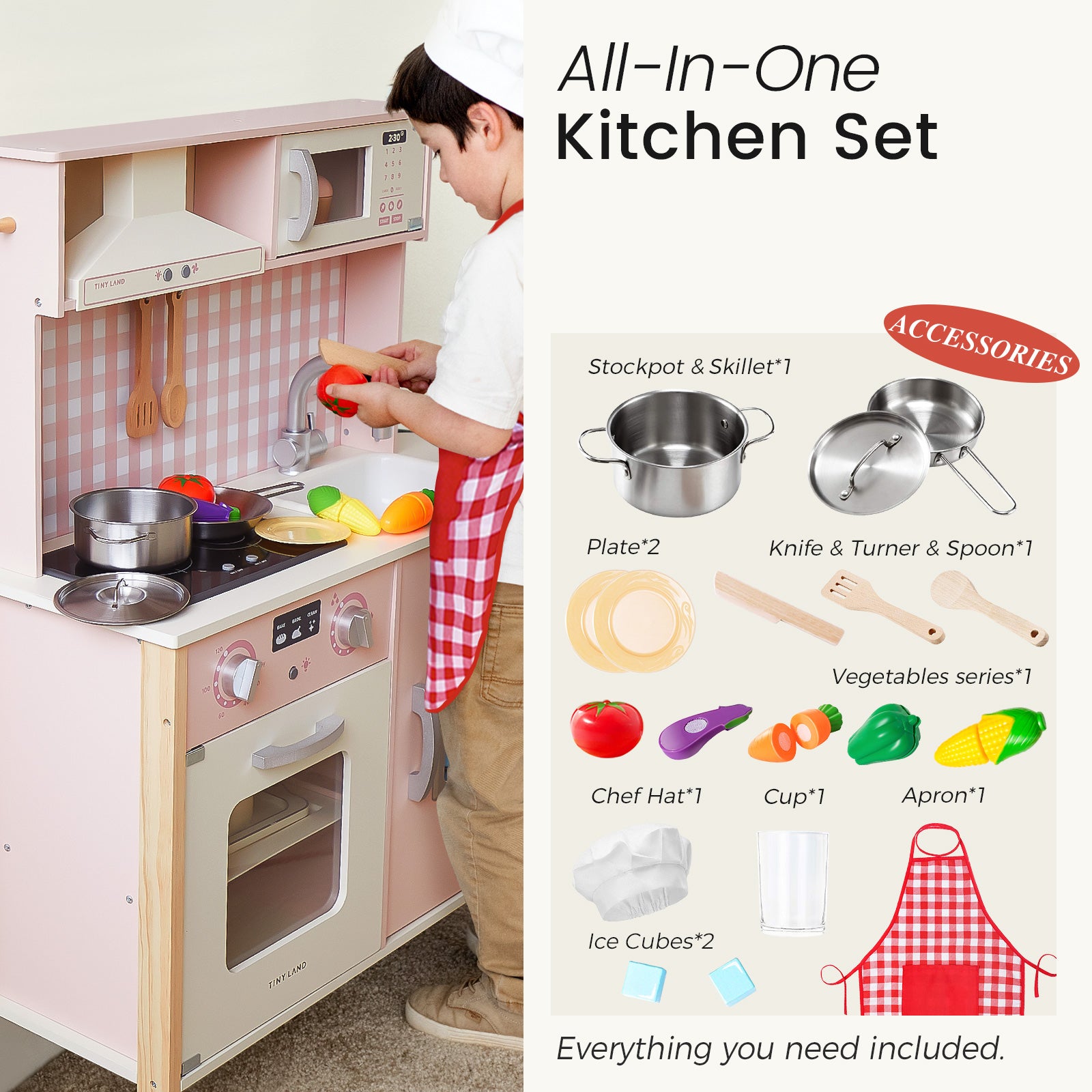Wearing a chef hat, a child plays with the Tiny Land® PopJoy Play Kitchen in pink. Labeled accessories—including pots, plates, utensils, vegetables, and an apron—are displayed around the set. Text reads: “All-In-One Kitchen Set by Tiny Land. Everything you need included.”.|Pink