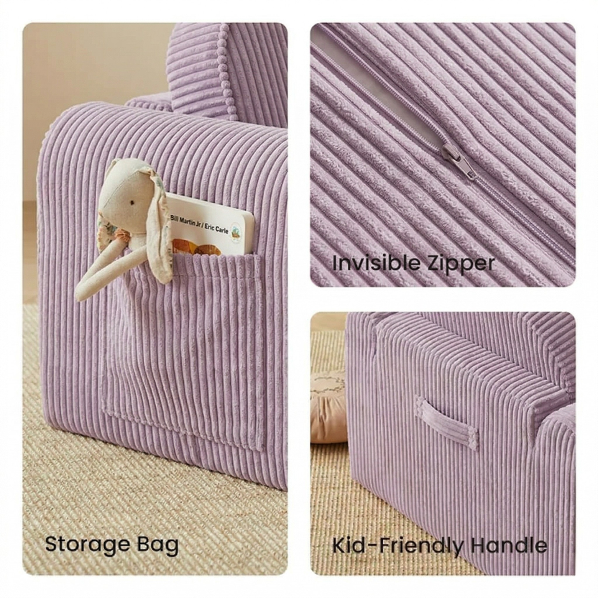 Close-up of the Tiny Land® GentleSnug Kid Chair - Purple, showing its side storage pocket with a toy, invisible zipper, and kid-friendly handle. Each feature of this 2-in-1 chair by Tiny Land is highlighted in labeled sections.