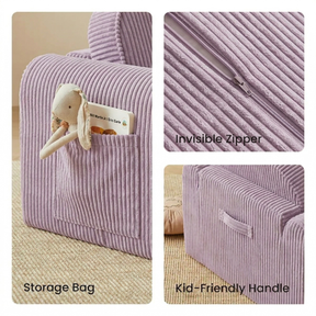 Close-up of the Tiny Land® GentleSnug Kid Chair - Purple, showing its side storage pocket with a toy, invisible zipper, and kid-friendly handle. Each feature of this 2-in-1 chair by Tiny Land is highlighted in labeled sections.