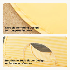 Top: Close-up of Tiny Land® One-Stop Beach Toy & Tent Set’s hem in pastel yellow stripes on sand, showing strong stitching. Bottom: The tent’s round zippered door highlights breathable, UV-protective shade. Labels note durability and comfort.