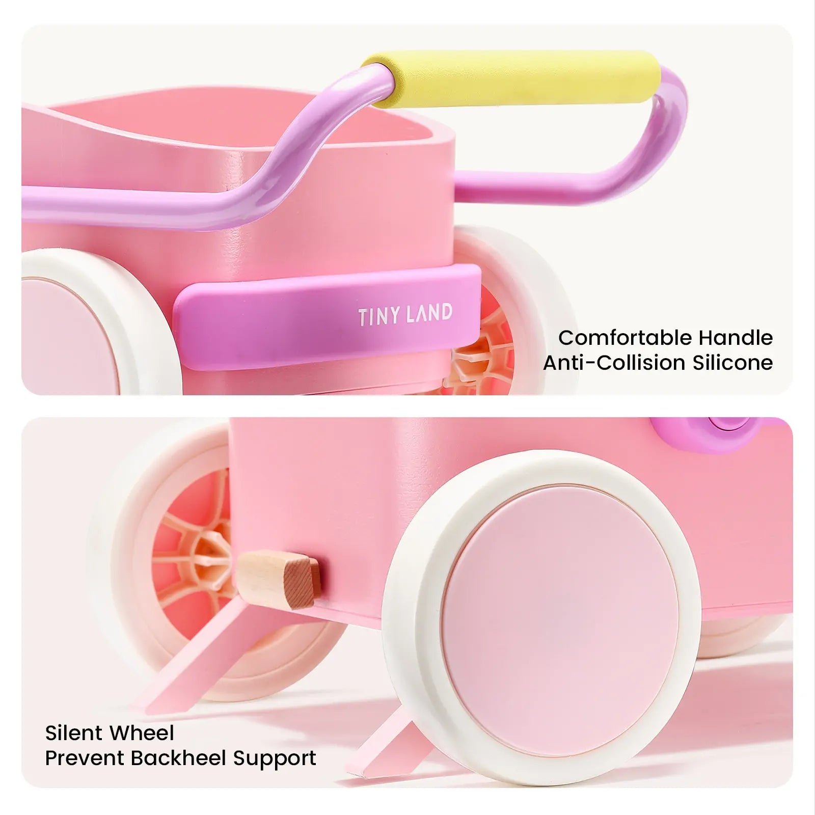 A close-up of the Tiny Land® 3-in-1 Wooden Baby Walker Wagon in pink, featuring a yellow and pink handle, anti-collision silicone on the handle, silent wheels with backheel support, and the Tiny Land logo.