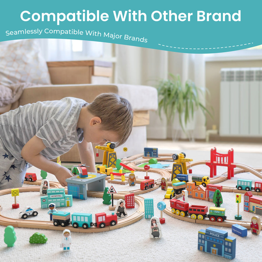 A child enjoys the Tiny Land® Wooden Train Set for Children 39 Pcs on a carpet. Text above: “Seamlessly compatible with major brands.”.|39 Pcs