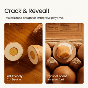 Two images highlight the Tiny Land® Egg Combo Playset: one with a sliced wooden egg showing a yellow yolk, labeled “Kid-Friendly Cut Design,” and another with a cracked shell revealing a plush yolk—ideal for play kitchen fun!.