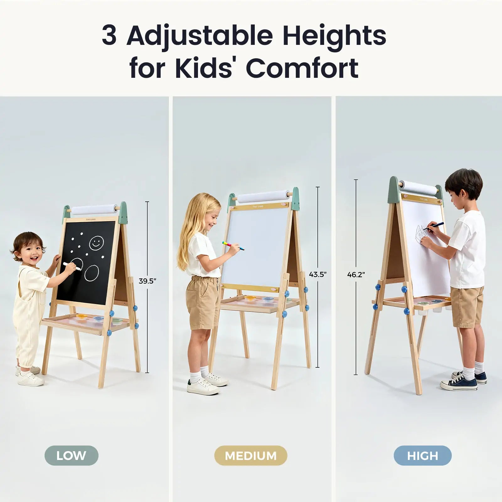 Three children of varying heights use the Tiny Land® 3-in-1 Art Easel for Kids - Morandi by Tiny Land, set to low, medium, and high. The double-sided easel offers a chalkboard and whiteboard for drawing, with height indicators at each level.