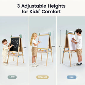 Three children of varying heights use the Tiny Land® 3-in-1 Art Easel for Kids - Morandi by Tiny Land, set to low, medium, and high. The double-sided easel offers a chalkboard and whiteboard for drawing, with height indicators at each level.