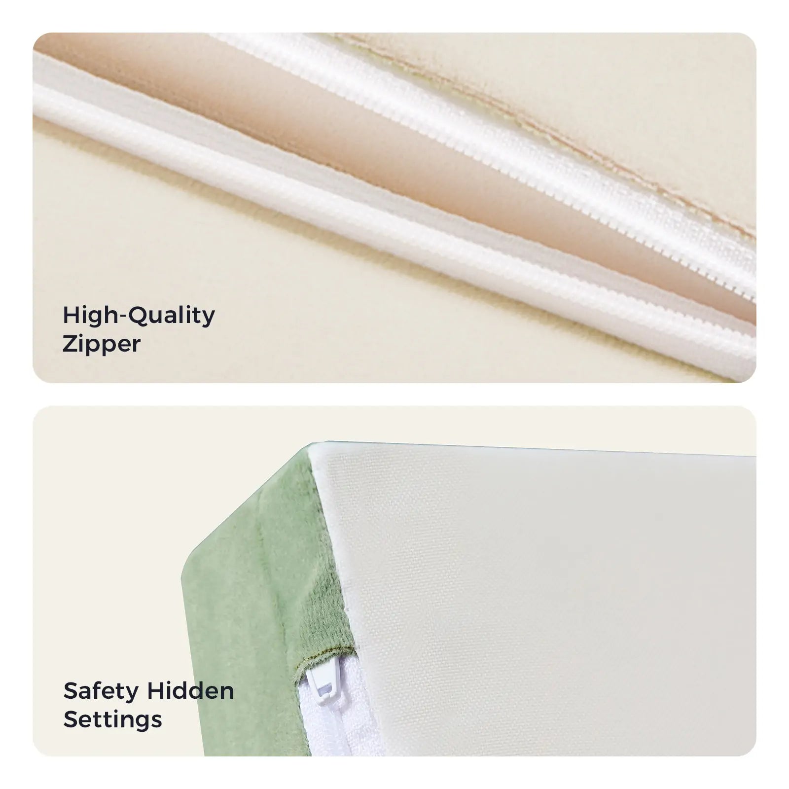 Close-up of a white zipper on fabric labeled "High-Quality Zipper" and a mattress corner with a green cover featuring a hidden zipper labeled "Safety Hidden Settings"—perfect for Tiny Land® PlayNest Climbing Blocks by Tiny Land INC.