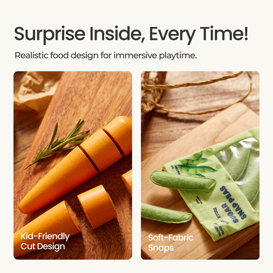 Experience the Tiny Land® Organic Fruit & Veggie Pack by Tiny Land, featuring a wooden toy carrot on a cutting board and soft fabric peas in a snap-open bag—realistic, sensory produce toys perfect for imaginative play with fruits and vegetables.